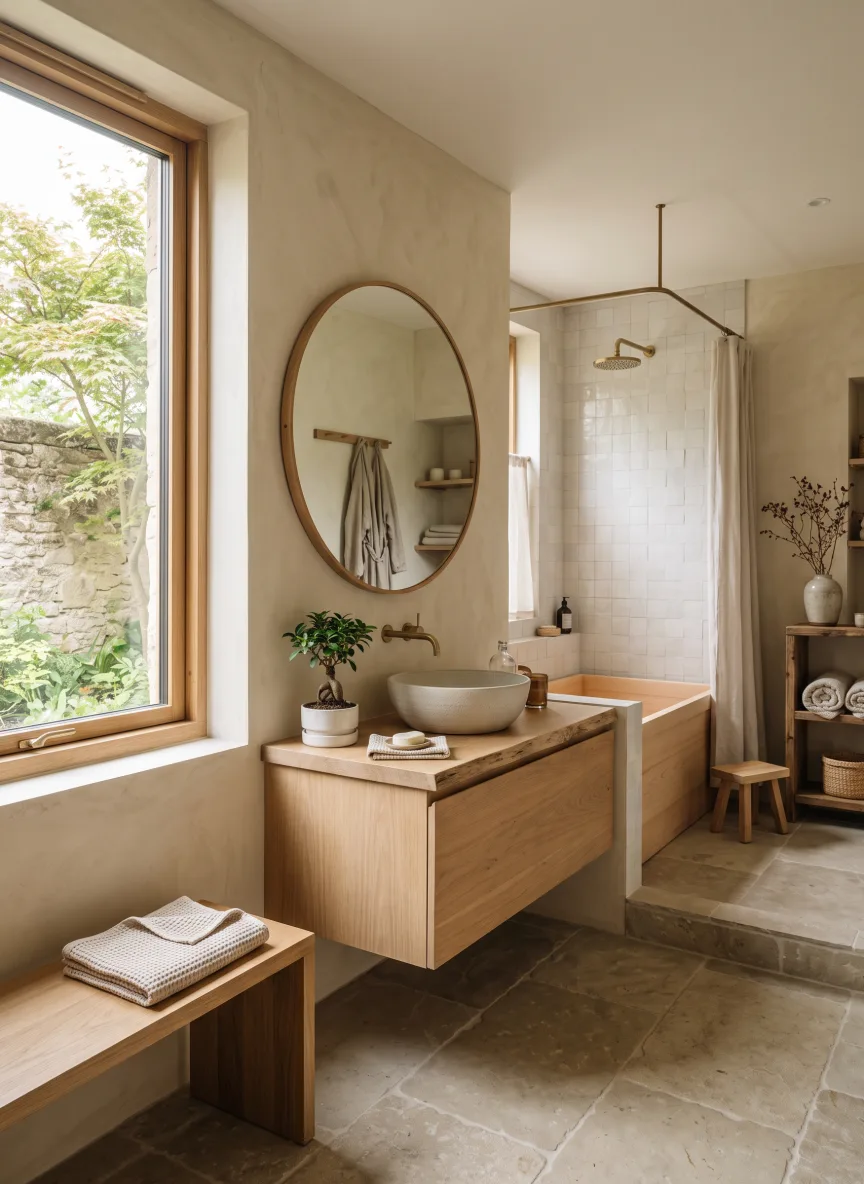 A bathroom in Japandi