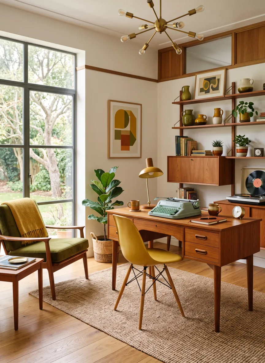 A home office in Mid-Century Modern