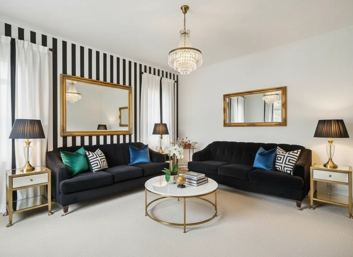 A living room in Hollywood Regency